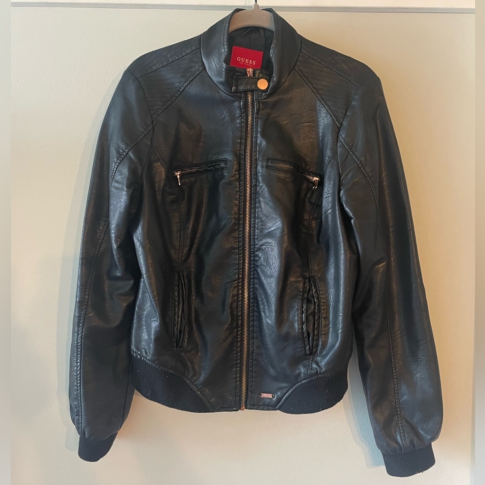 Guess women’s black leather bomber jacket size medium